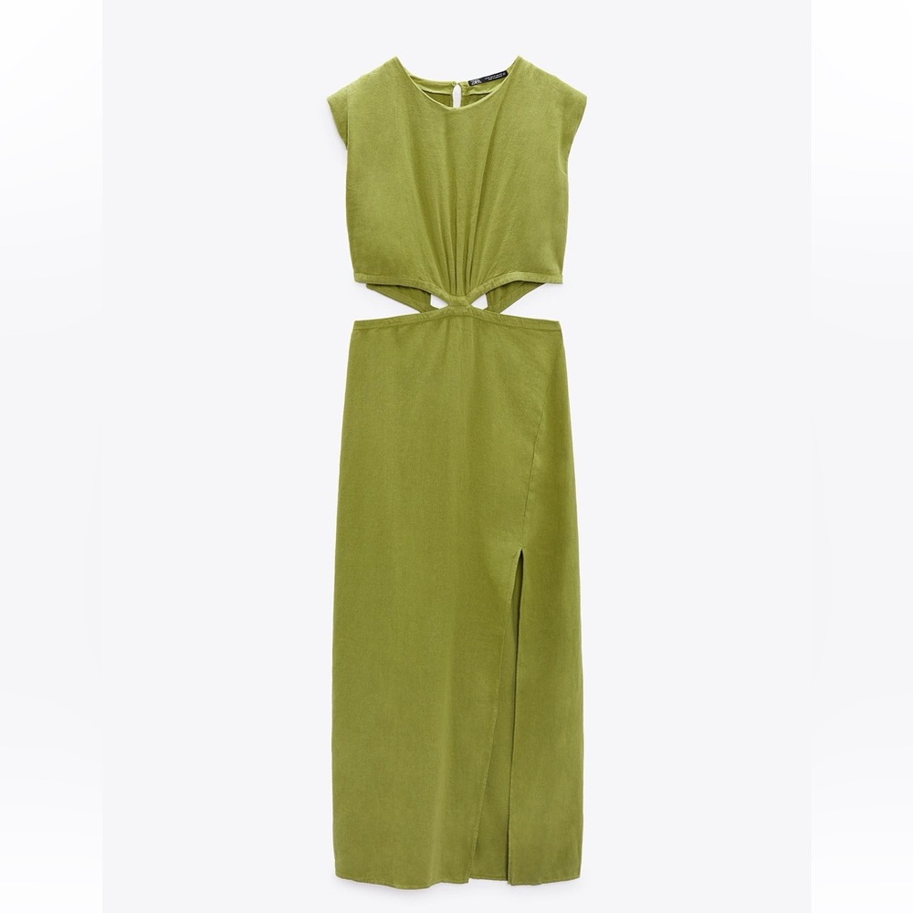 ZARA LINEN BLEND CUT OUT MIDI DRESS; SIZE SMALL; NWT